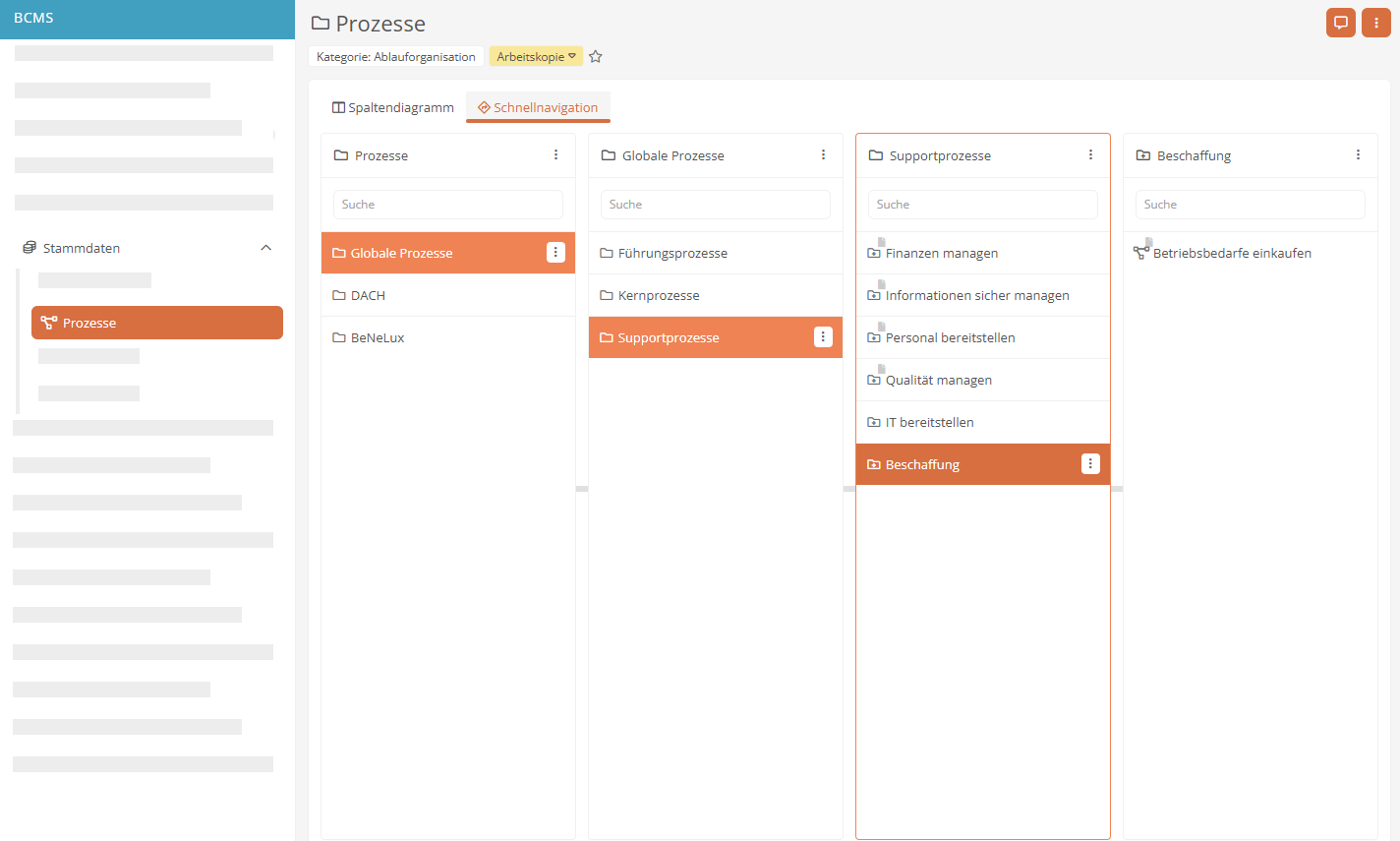 Schnellnavigation für Prozesse in der BCMS-App Schnellnavigation für Prozesse in der BCMS-App