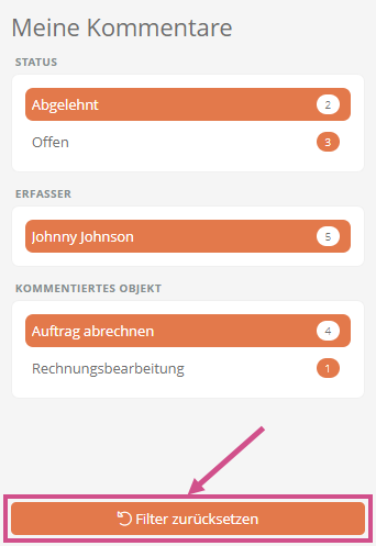 Filter zurücksetzen im Kommentar-Dashboard